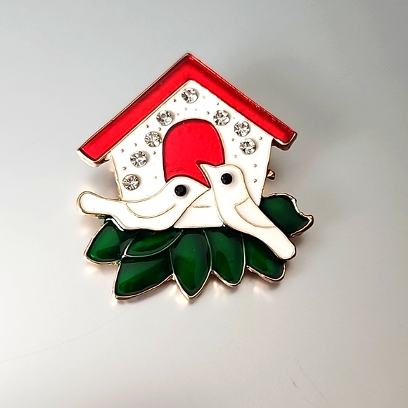 BIRDHOUSE Gold Enamel and Rhinestone Christmas Brooch - Picture 2 of 6